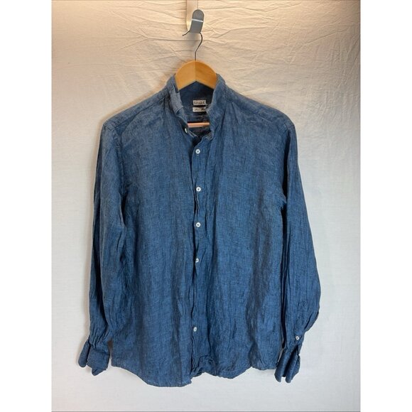 Spada Lino 100% Linen Long Sleeve Denim Blue chambray Shirt Size 16/41 - Picture 1 of 9